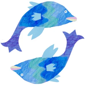 青と水色の濃淡で描かれた2匹の魚が、円を描くように配置されています