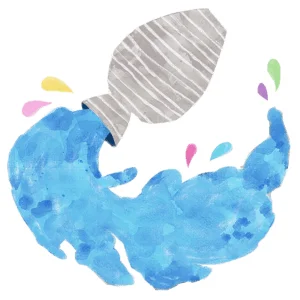 水瓶から勢いよく水が流れ出し、その周りにカラフルな水しぶきが飛び散っているイラスト