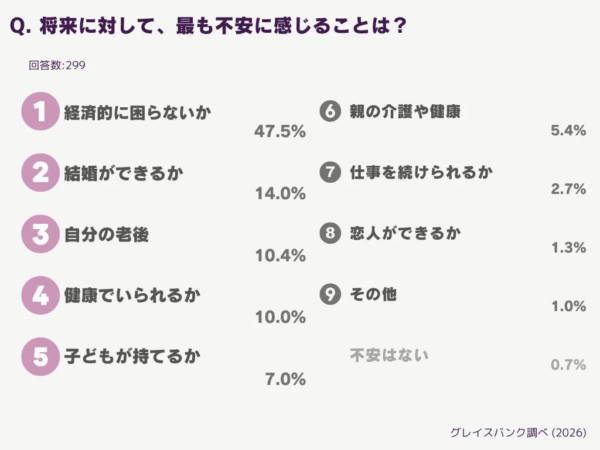 「将来に対して最も不安に感じることは何か」というアンケート結果を示すグラフ。回答者299人のうち、約半数が「経済的に困らないか」を最大の不安としています。