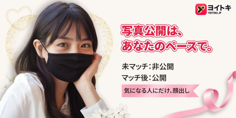 マスクをつけた女性と写真公開設定の案内