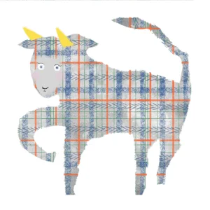 青とオレンジのチェック柄で描かれた、角を持つ可愛らしい動物のイラスト