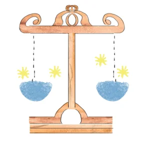 水彩画のようなタッチで描かれた天秤のイラスト