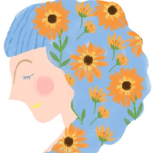 青い髪にオレンジ色の花が咲き乱れる女性の横顔のイラスト