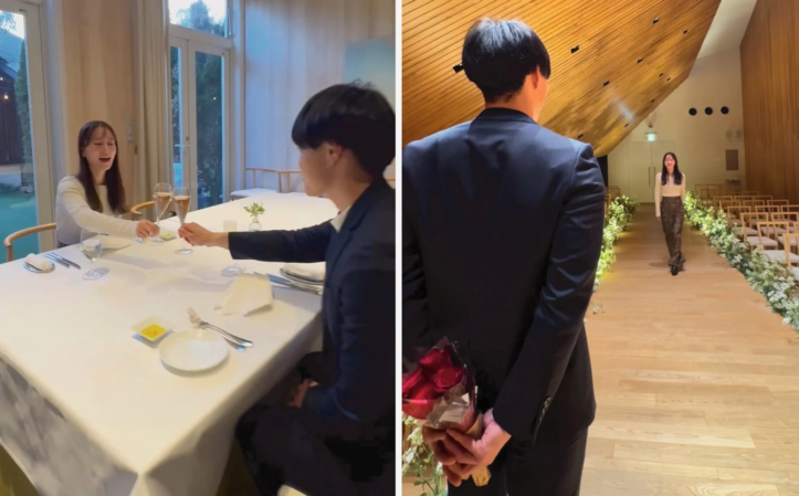 レストランでシャンパンを片手に乾杯するカップルと、チャペルで花束を隠し持ち女性を待つ男性