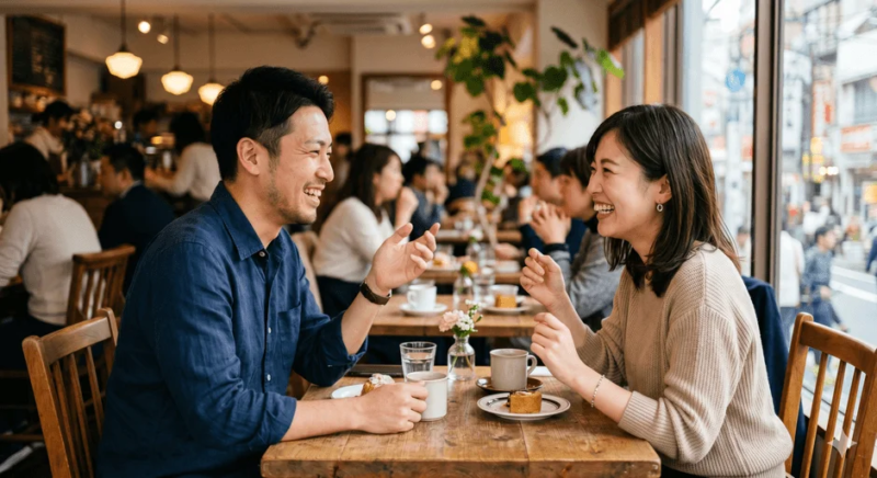 カフェで向かい合って座る男女が、笑顔で談笑している様子