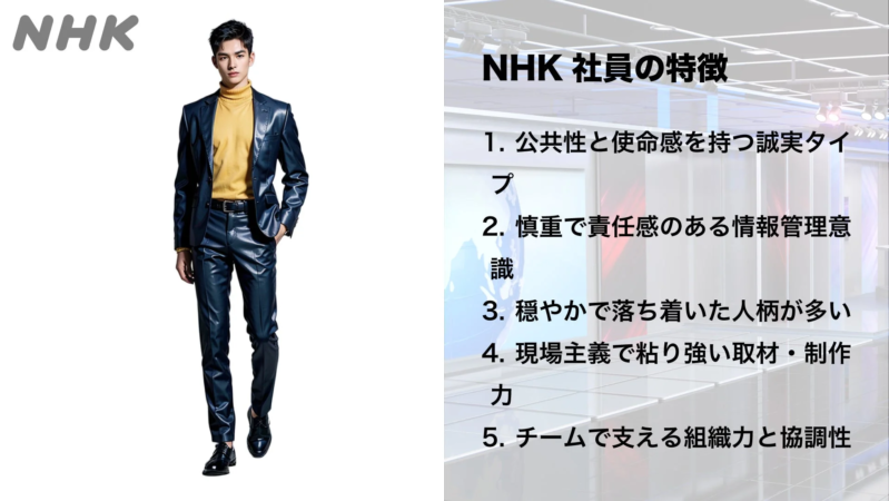 NHKのロゴとスーツを着た男性が配置された画像。NHK社員の5つの特徴として、公共性、責任感、穏やかな人柄、取材・制作力、組織力と協調性がリストアップされています。