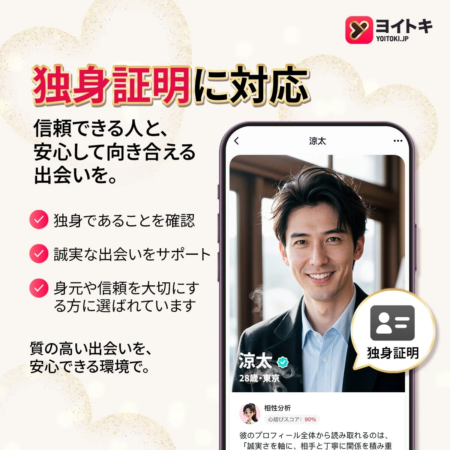 独身証明に対応したヨイトキのアプリ画面