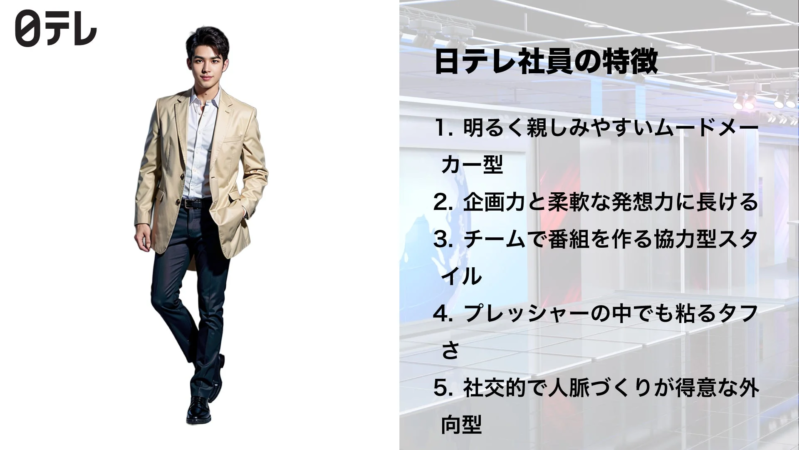 日テレ社員の5つの特徴（明るさ、企画力、協調性、粘り強さ、社交性）がリストアップされており、その横にはビジネスカジュアルな男性モデルが立っています。