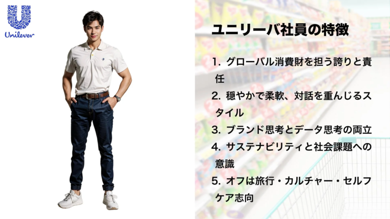 ユニリーバのロゴと、カジュアルな服装の男性モデルが写っており、ユニリーバ社員の5つの特徴が箇条書きで示されています。特徴には、グローバル消費財への誇り、柔軟な対話スタイル、ブランドとデータ思考の両立、サステナビリティ意識、そしてオフの過ごし方が含まれます。