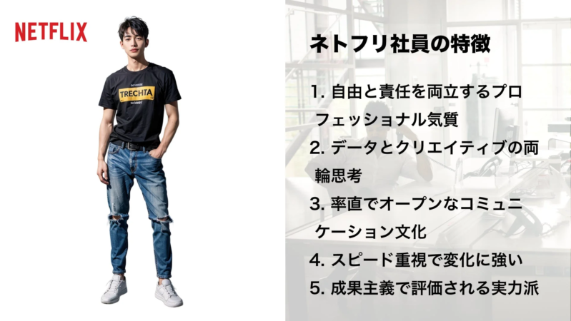 Netflixの企業文化と社員の特徴を紹介する画像です。左側にはNetflixのロゴとカジュアルな服装の男性モデルが、右側には「ネトフリ社員の特徴」として5つの項目がリストアップされています。自由と責任、データとクリエイティブ、オープンなコミュニケーション、スピード、成果主義といった点が強調されています。