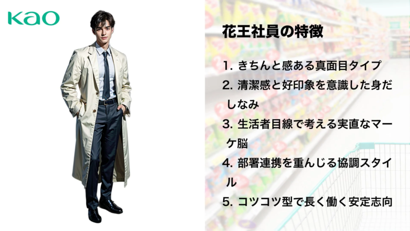 花王のロゴとトレンチコートを着た男性が描かれ、「花王社員の特徴」として、真面目さ、清潔感、生活者目線、協調性、安定志向の5項目が箇条書きで説明されています。