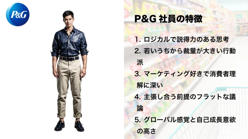 P&Gの社員の特徴をリストアップした画像。論理的思考、若手からの裁量、マーケティング志向、フラットな議論、グローバル感覚、自己成長意欲の高さが記されており、背景にはスーパーマーケットの棚が見える。