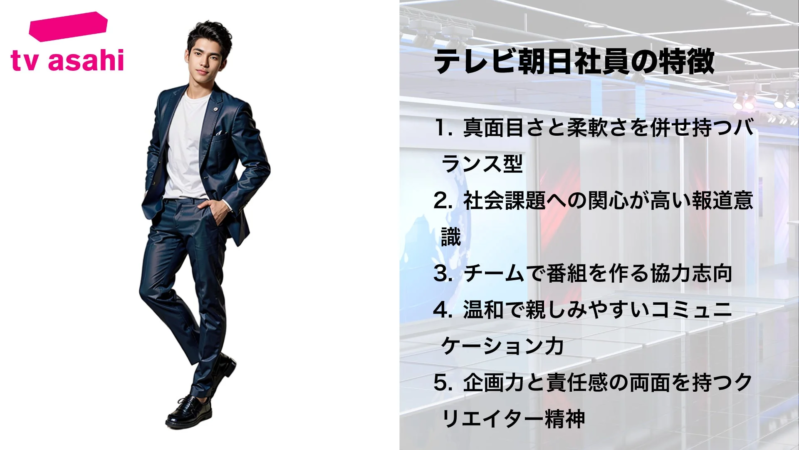 テレビ朝日のロゴとスーツ姿の男性が描かれ、テレビ朝日社員の5つの特徴（真面目さ、柔軟性、報道意識、協力志向、コミュニケーション力、企画力、責任感）が箇条書きで示されています。