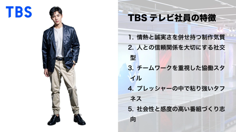 TBSのロゴと男性の全身写真が印象的な画像。右側には「TBSテレビ社員の特徴」として、情熱や誠実さ、チームワーク、粘り強さ、番組づくりへの高い志向など5つの項目が箇条書きで示されています。