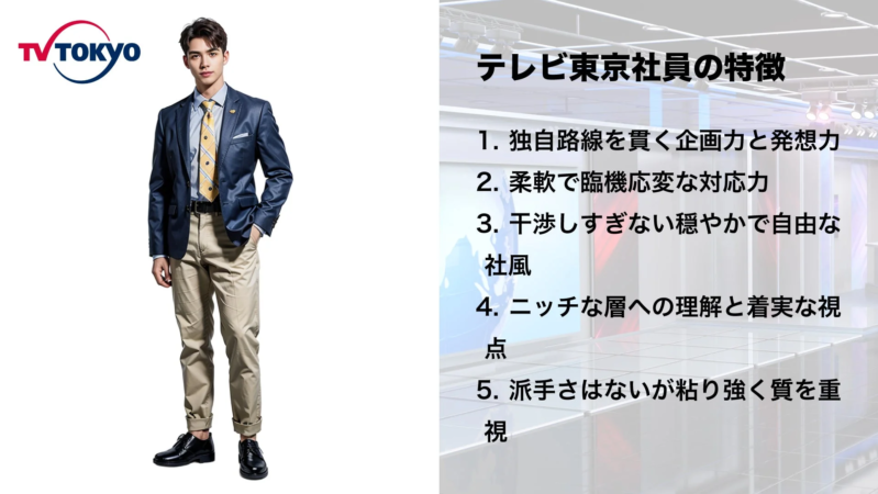 テレビ東京のロゴとビジネスカジュアルな服装の男性モデルが写っており、右側にはテレビ東京社員の5つの特徴が箇条書きで記されています。