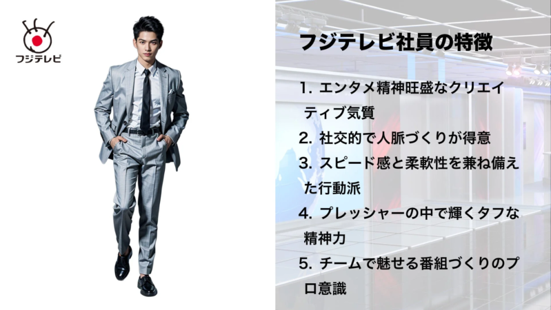 フジテレビのロゴと、グレーのスーツを着た男性が写っており、右側には「フジテレビ社員の特徴」として、エンタメ精神、社交性、行動力、精神力、プロ意識の5つの項目が箇条書きで記載されています。