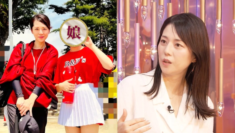 画像は左右で異なるシーンが合成されており、左側では屋外で赤い服を着た女性と顔を隠した娘が写っています。右側では同じ女性（推定）が白い服を着て、スタジオのような場所で話している様子です。