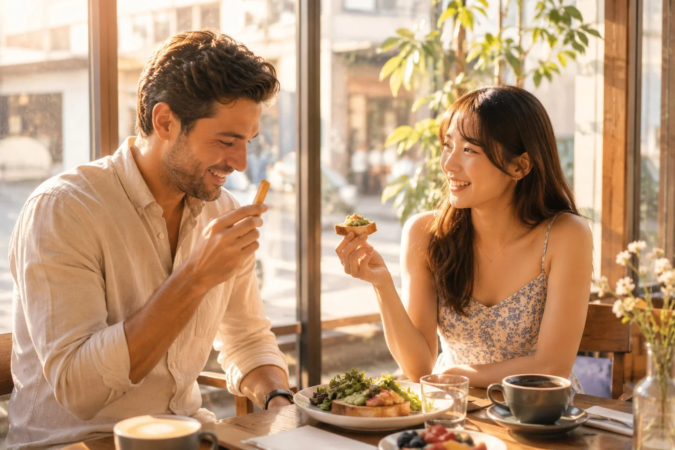 カフェで食事と会話を楽しむ男女のカップル